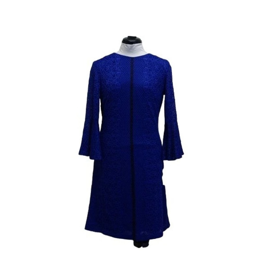 Gabby Skye lace sheath dress with bell sleeve blue 6